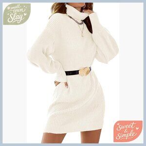 Turtleneck Sweater Dress Mini Length Long Sleeve Knit Pullover Casual